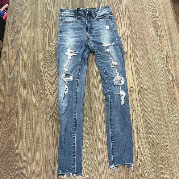 American Eagle Skinny Jeans High Rise Distressed Next Level Stretch Blue Size 00 - Picture 1 of 11